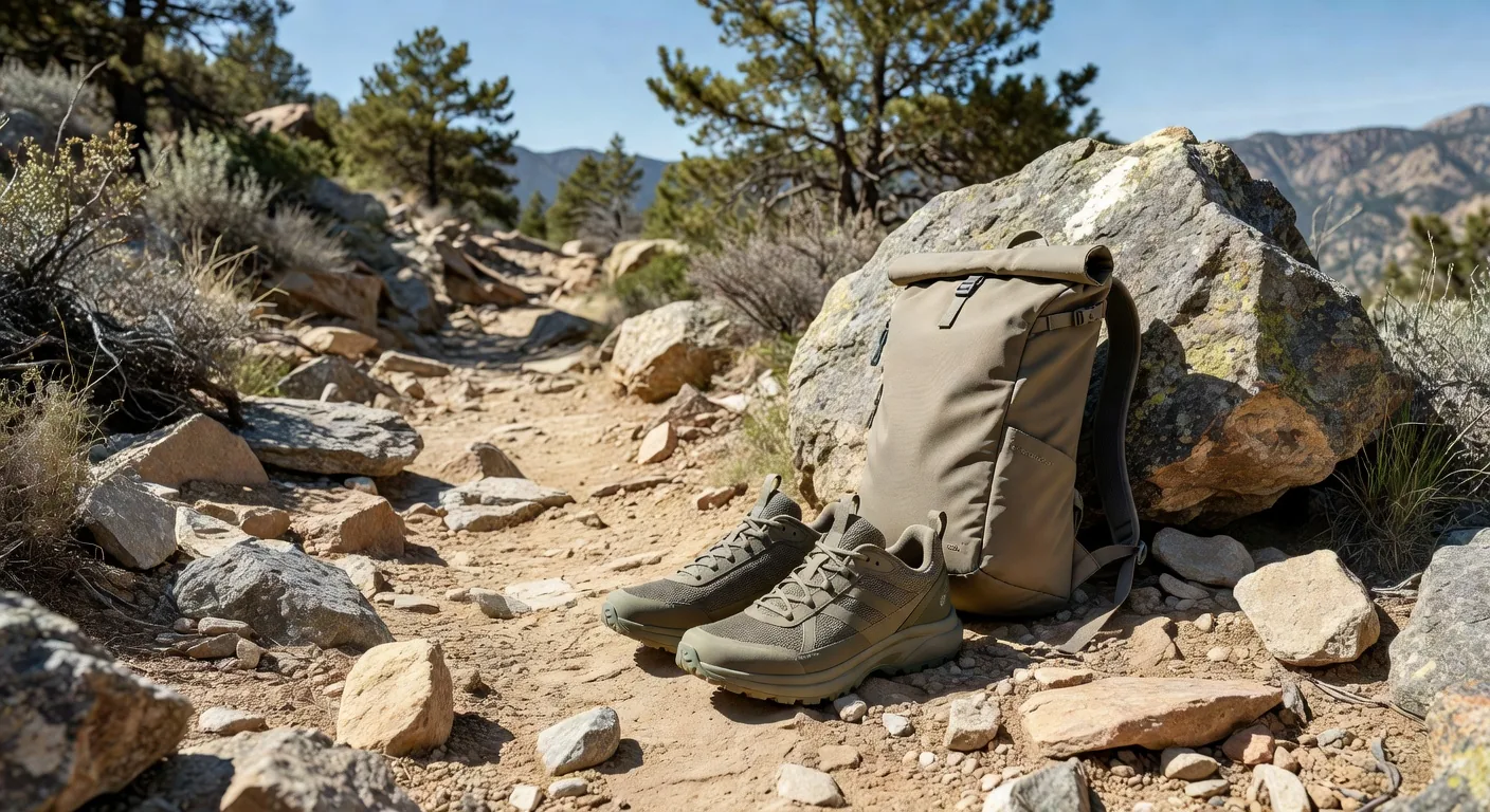 Lightweight hiking gear laid out for inspection